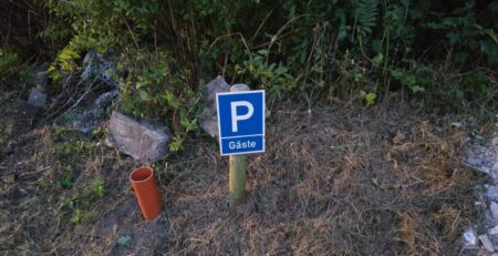 Blaues Parkplatzschild mit der Aufschrift 'P Gäste', das auf einen Gästeparkplatz hinweist, umgeben von Gras und Büschen.