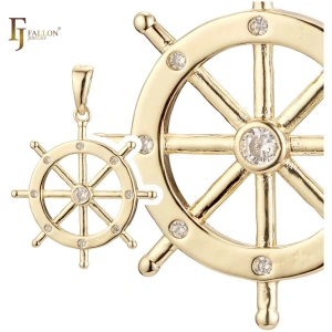 Goldener Schiffsrad Anhänger mit Zirkonia-Steinen, elegantes Schmuckstück von Fallon Jewelry, ideal für maritime Designs.