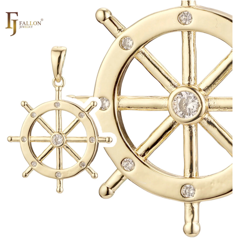 Goldener Schiffsrad Anhänger mit Zirkonia-Steinen, elegantes Schmuckstück von Fallon Jewelry, ideal für maritime Designs.