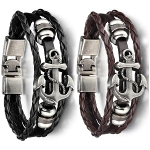 Lederarmband mit Anker und Metallakzenten in Schwarz und Braun, ideal für modebewusste Männer.