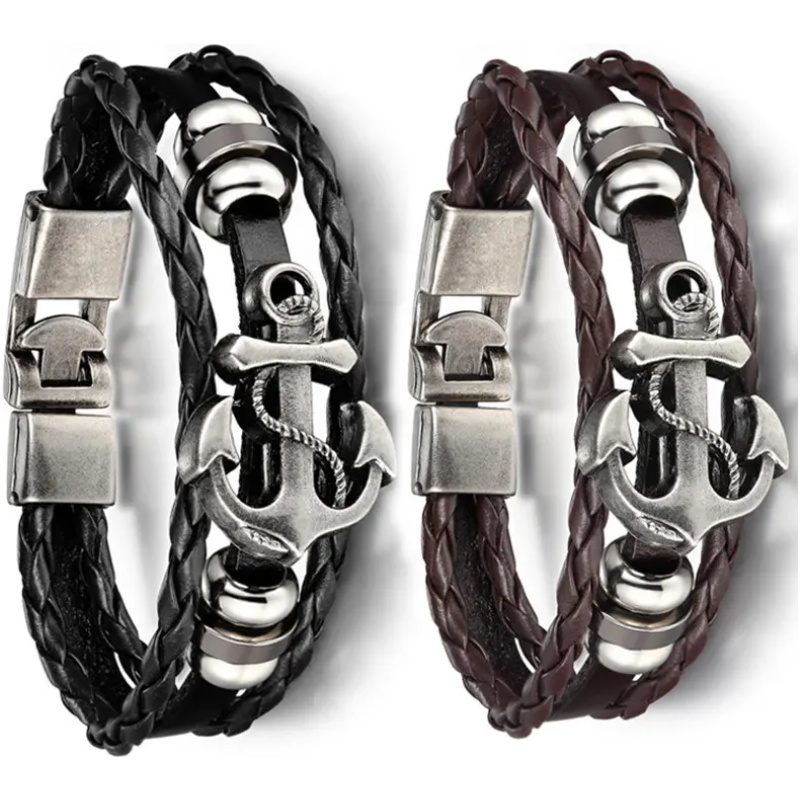 Lederarmband mit Anker und Metallakzenten in Schwarz und Braun, ideal für modebewusste Männer.