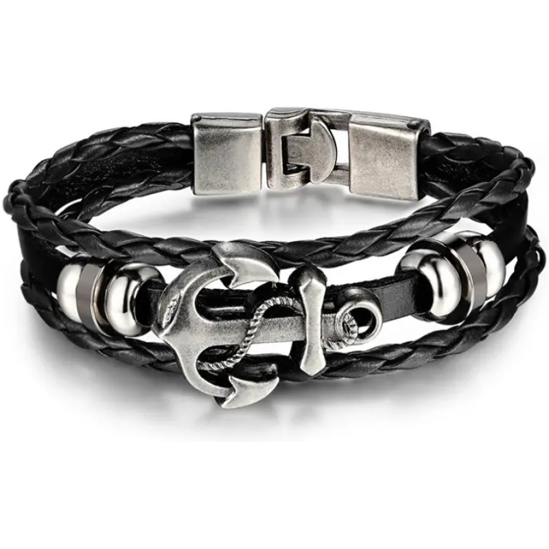 Schwarzes geflochtenes Lederarmband mit silbernem Anker und Metallakzenten, stilvolles Herrenaccessoire für maritime Looks.