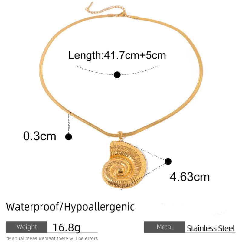 Goldene Muschel-Halskette aus Edelstahl, wasserdicht und hypoallergen, Länge 41,7 cm plus 5 cm, Gewicht 16,8 g, Durchmesser 4,63 cm.