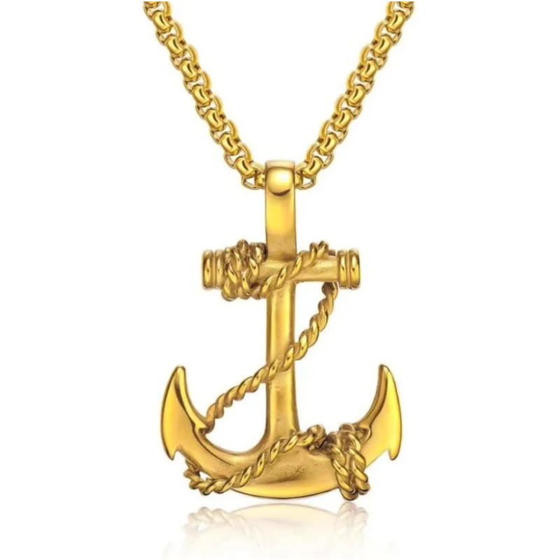 Goldene Ankerkette mit einem detaillierten Anker und Seil-Design, ideal für maritime Schmuckliebhaber. Hochwertige Verarbeitung und stilvolles Design.