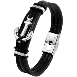 Schwarzes Lederarmband mit silbernem Anker und Verschluss, stilvolles Accessoire für Herren und Damen, modisches Schmuckstück.