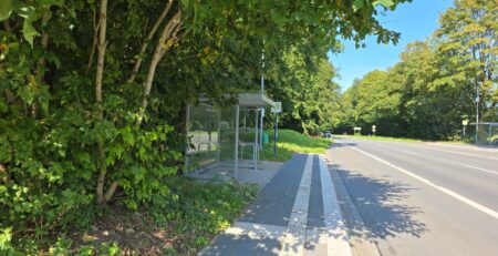 Bushaltestelle mit Wartebereich und Gehweg, umgeben von Bäumen und Sträuchern, an einer Straße in Deutschland.