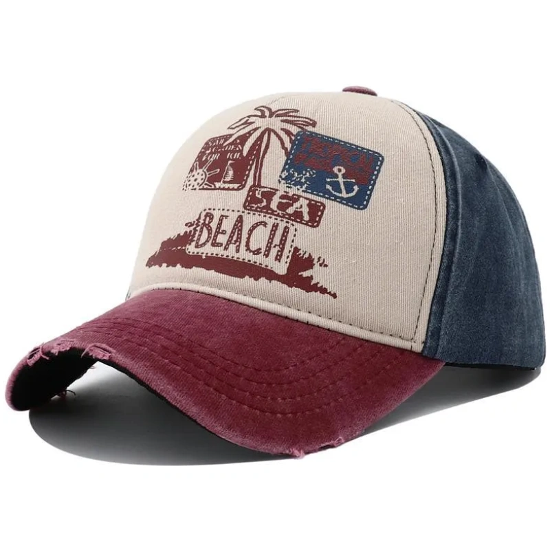 Vintage Retro Distressed Trucker Cap Sea Beach Weinrot