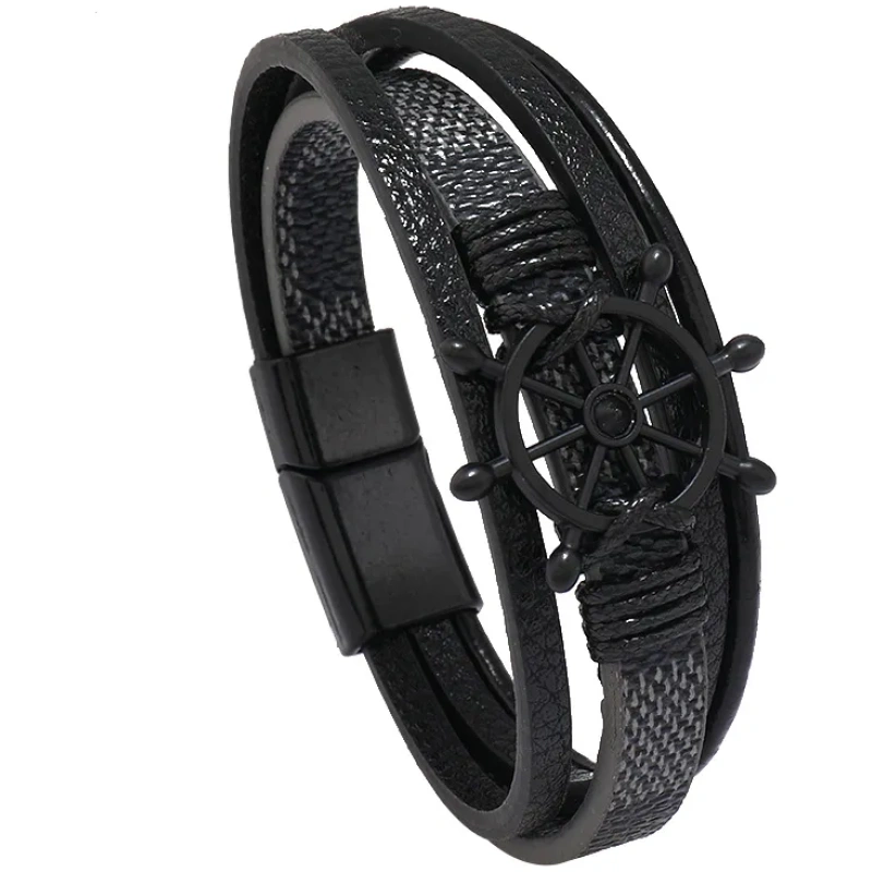 Edles hochwertiges Armband mit Steuerrad, schwarz, PU Leder