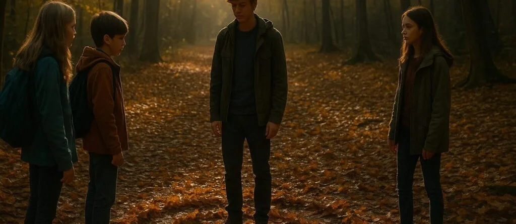 Vier Kinder stehen in einem Wald mit herbstlichem Laub, um einen zentralen Punkt auf dem Boden.