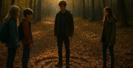 Vier Kinder stehen in einem Wald mit herbstlichem Laub, um einen zentralen Punkt auf dem Boden.
