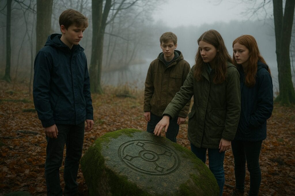 Episode 79 – Das verschwundene Zeichen Anna, Atmosphäre, Café Kiek In, Finn, Flensburg Umgebung, Gasthof Zur Linde, Gleichgewicht, Großsolt, Heiko, Idstedter Wald, Jonas, Lea, Mia, Mühlenteich, Pfad, Sankelmark, Symbol, Vergangenheit