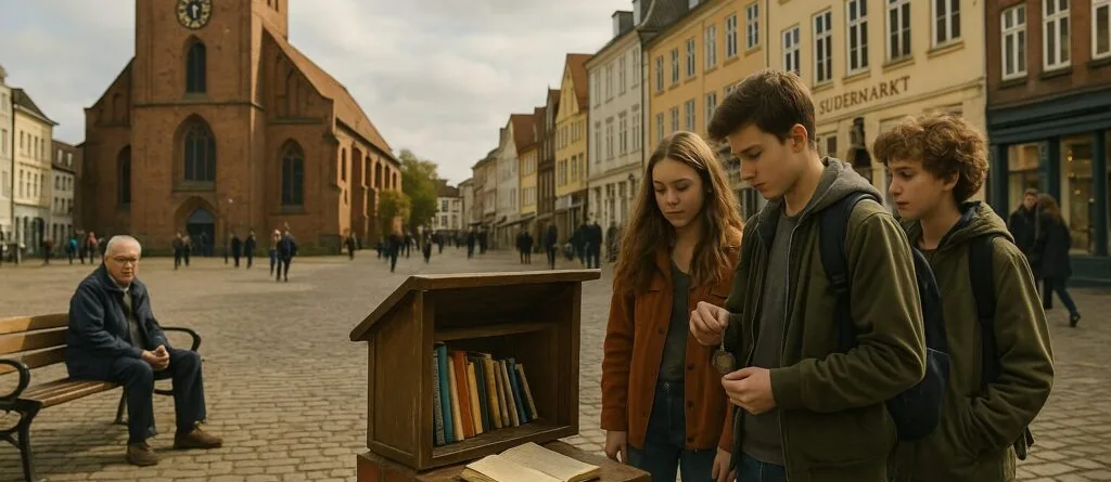 Vier Jugendliche stehen vor einem offenen Bücherregal auf einem Platz in einer Stadt.