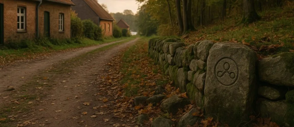 Ein runder Stein mit einem eingravierten Symbol, platziert am Rand eines unbefestigten Weges.