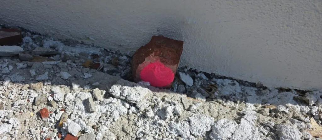 Ein roter Stein mit einem pinken Punkt, der auf einem grauen Untergrund liegt.