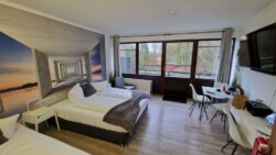 Ein geräumiges Hotelzimmer in Flensburg verfügt über zwei ordentlich gemachte Einzelbetten mit dekorativen Kissen. Die Wände sind mit einem Wandgemälde geschmückt, das einen Flur suggeriert. Das Zimmer hat ein großes Fenster mit Blick auf den Wald, einen kleinen Tisch mit Stühlen und einen an der Wand montierten Fernseher. Ein echter Geheimtipp für Reisende!