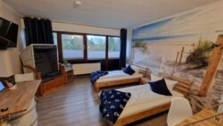 Ein gemütliches Zimmer mit einem Wandgemälde zum Thema Strand verfügt über zwei Einzelbetten mit marineblauen nautischen Decken und dekorativen Kissen. Ein Strandkorb steht am Fenster, das viel Tageslicht hereinlässt. Das Zimmer, ein echter Flensburger Geheimtipp, verfügt außerdem über einen Flachbildfernseher, einen Schreibtisch und Holzböden.