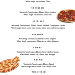 Ein Restaurantmenü für Pizza zum Preis von 12,50 € mit Optionen und Beschreibungen auf Deutsch. Die Speisekarte umfasst Margherita, Schinken, Spezialitäten, Diabolo, Hawaii, Salami und Thunfisch. Zu den verschiedenen Belägen gehören Tomatensauce, Käse, Schinken, Salami, Thunfisch und Gemüse. Ein Restaurantmenü für Pizza zum Preis von 12,50 € mit Optionen und Beschreibungen auf Deutsch. Die Speisekarte umfasst Margherita, Schinken, Spezialitäten, Diabolo, Hawaii, Salami und Thunfisch. Zu den verschiedenen Belägen gehören Tomatensauce, Käse, Schinken, Salami, Thunfisch und Gemüse.